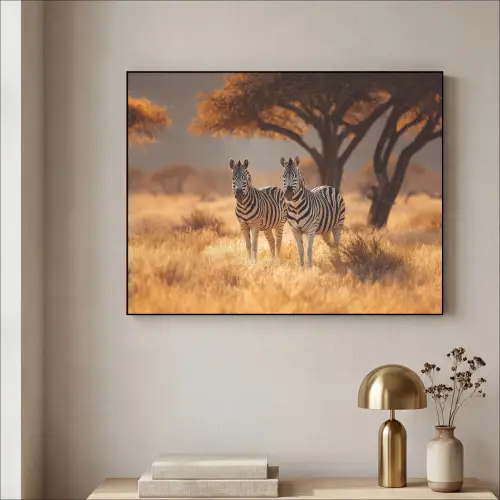 Zebra's - Savannelandschap - Gras Textielframe zwart klein -sfeer2