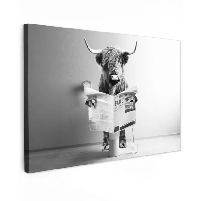 WC - Toilet - Krant - Schotse Hooglander - Zwart Wit canvas 2cm klein -z3d