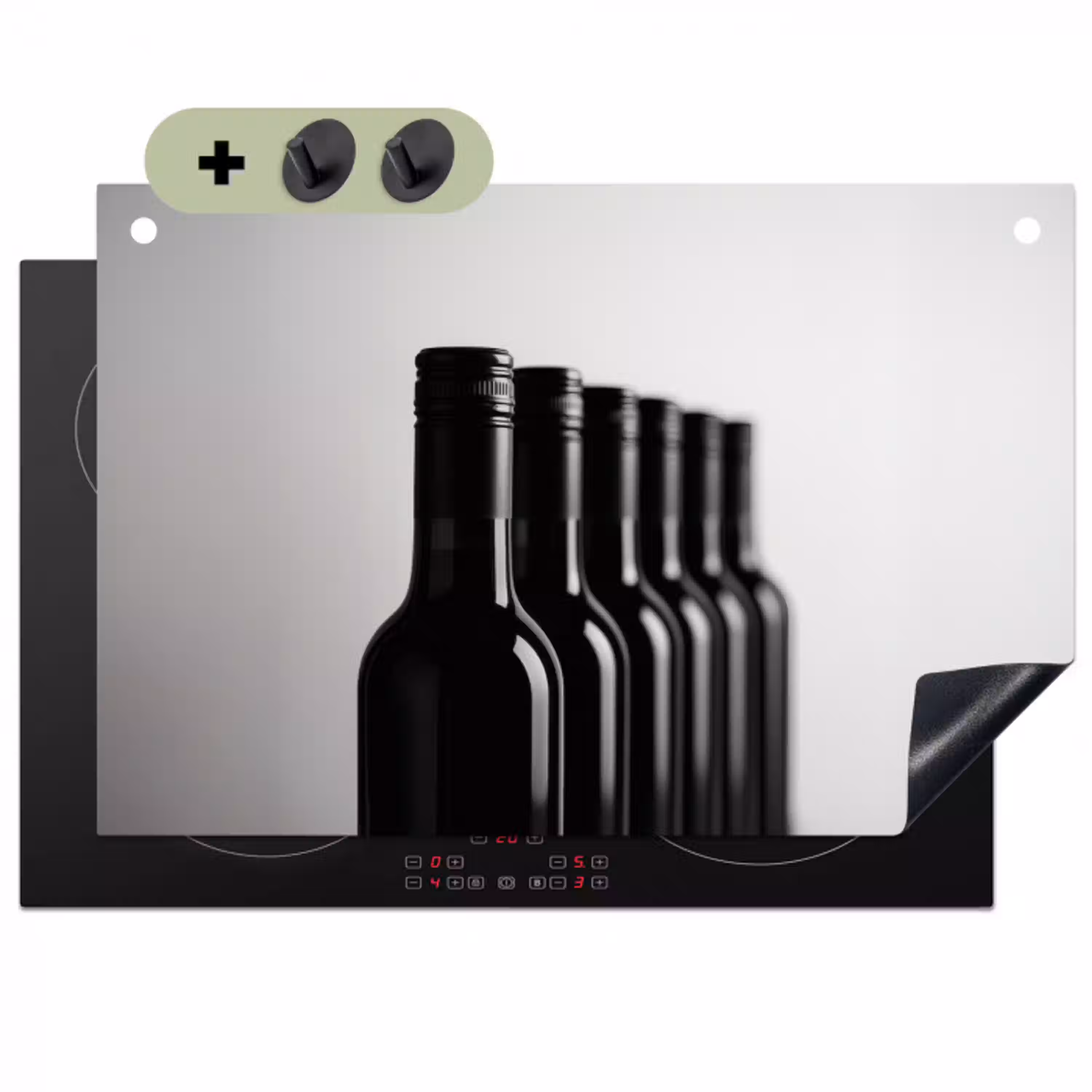 Wijnflessen - Zwart - Minimalistisch Inductie beschemer met haakjes klein -3d