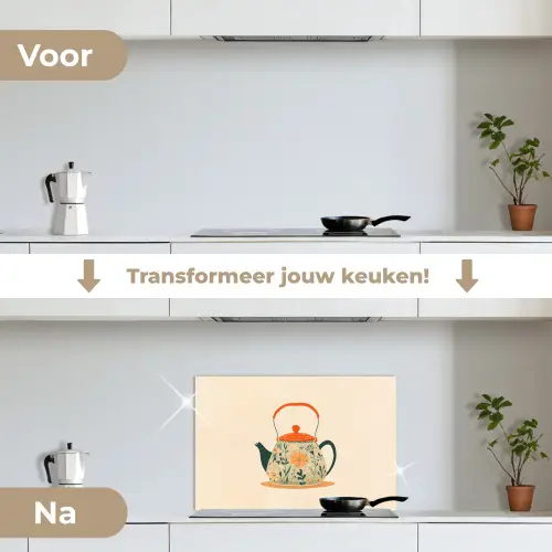 Oranje - Theepot - Bloemen - Bladeren keuken achterwand spatscherm klein -voor_na_NL