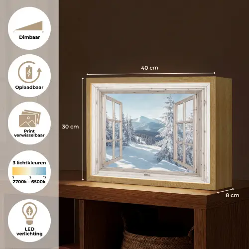 Doorkijk - Winter - Landschap - Natuur - Berg - Bomen - Wit Light Box met batterij (Wandlamp) middel -USP_websiteoverzichtNL