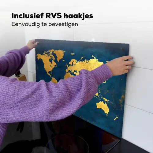 Wereldkaart - Goud - Donkerblauw Inductie beschemer met haakjes klein -ky-ophangen-nl