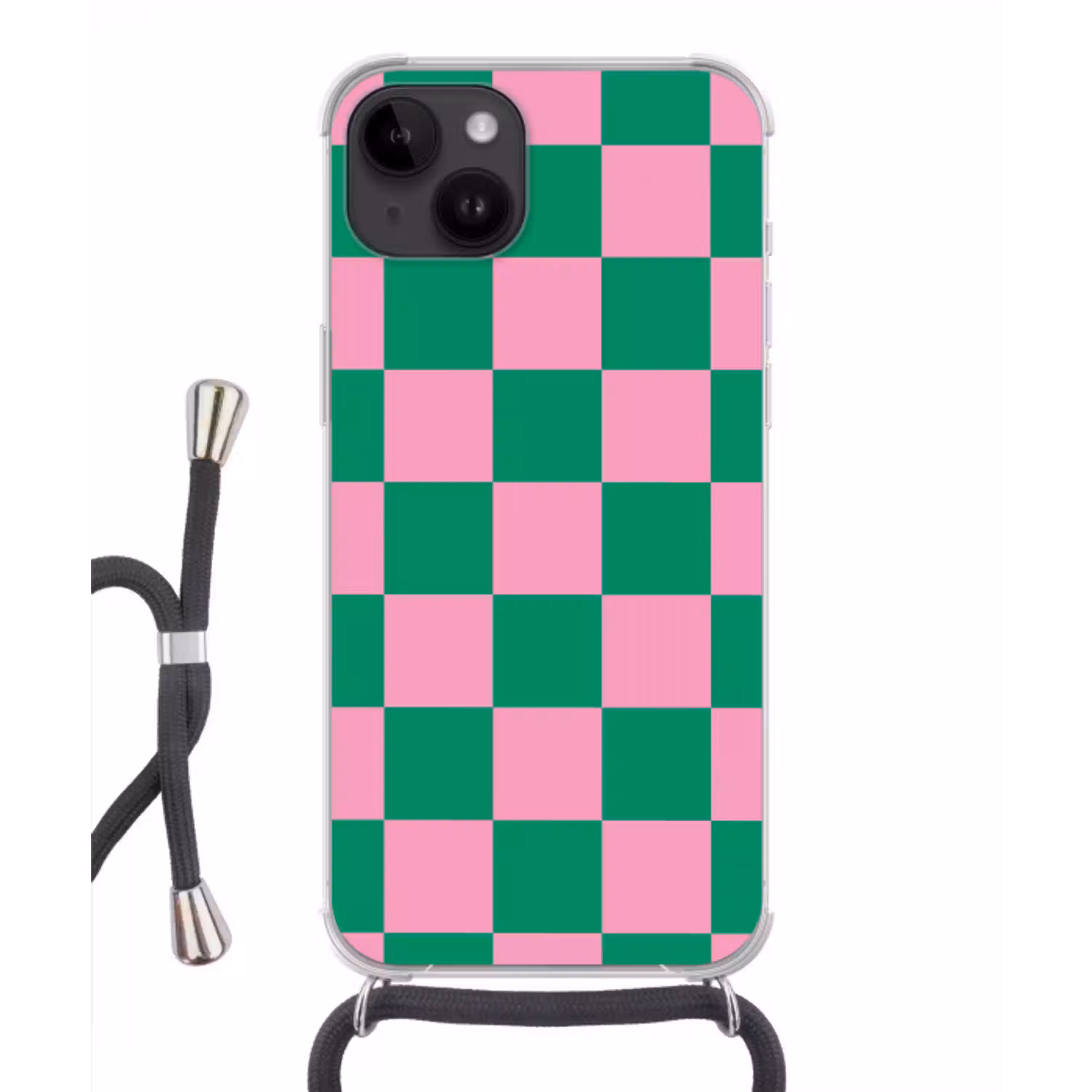 Schaakbord patroon - Groen - Roze - Blokjes Crossbody Case iPhone 14 middel -3d