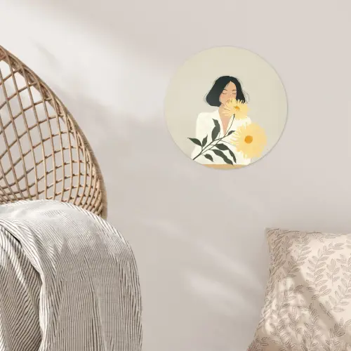 Vrouw - Bloem - Geel - Minimalistisch Wandcirkel behangsticker klein -sfeer4