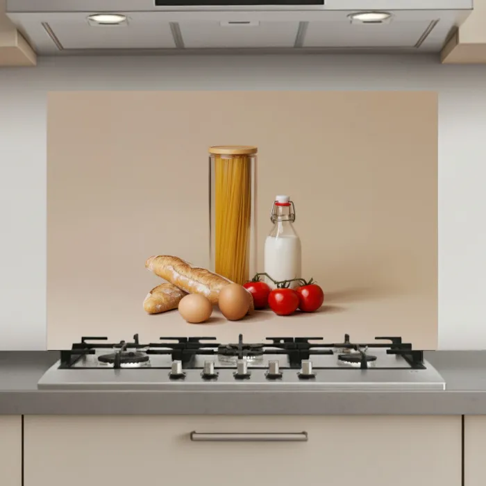 Spaghetti - Melk - Tomaten - Eieren - Brood keuken achterwand spatscherm klein -3d_website