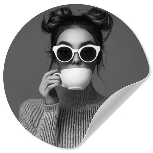 Vrouw - Koffie - Zwart - Wit Wandcirkel behangsticker klein -3d