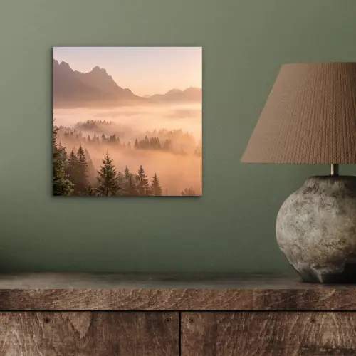 Zonlicht - Mist - Bergen - Bomen aluminium wit klein -sfeer2