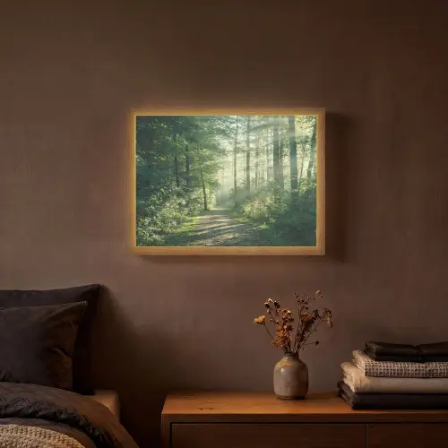 Bos - Pad - Zon - Bomen - Groen - Natuur Light Box met batterij (Wandlamp) middel -sfeer4