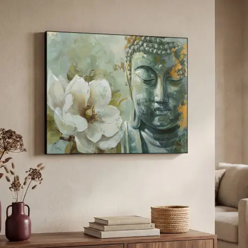 Boeddha - Groen - Lotusbloem - Wit Textielframe - compleet frame klein -sfeer3