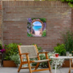 Doorkijk - Poort - Zee - Strand - Rotsen Tuinposter op houten frame 2 cm dik middel -sfeer3