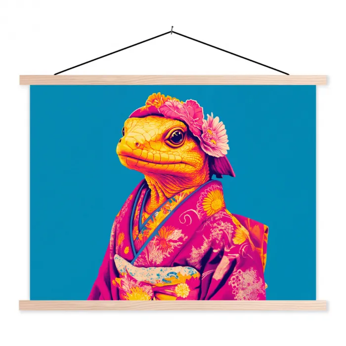 Bloemenkrans - Hagedis - Kimono - Paars textielposter latten blank klein -3d