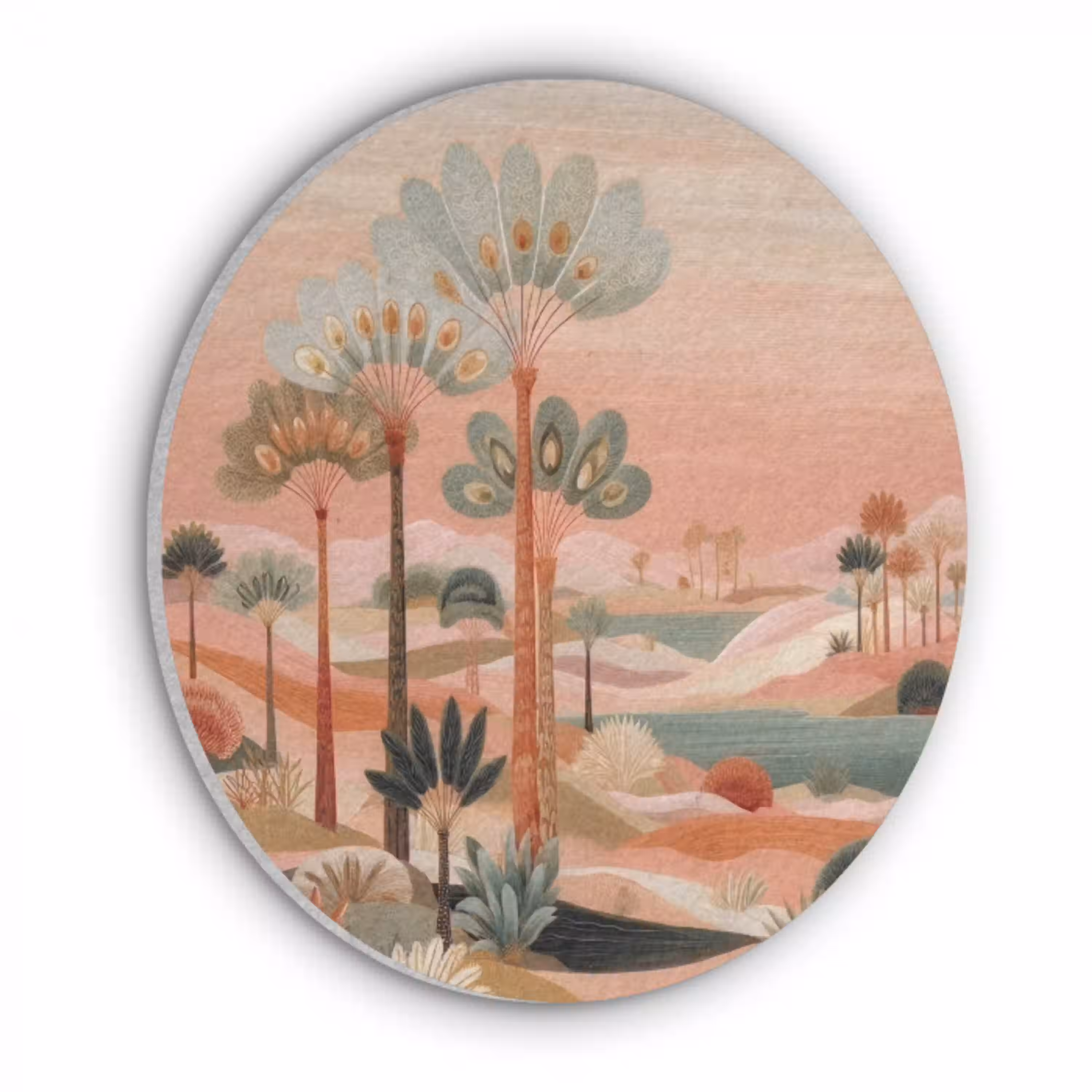 Roze landschap - Palmen - Water Akoestische PET Vilt - Rond klein -3d