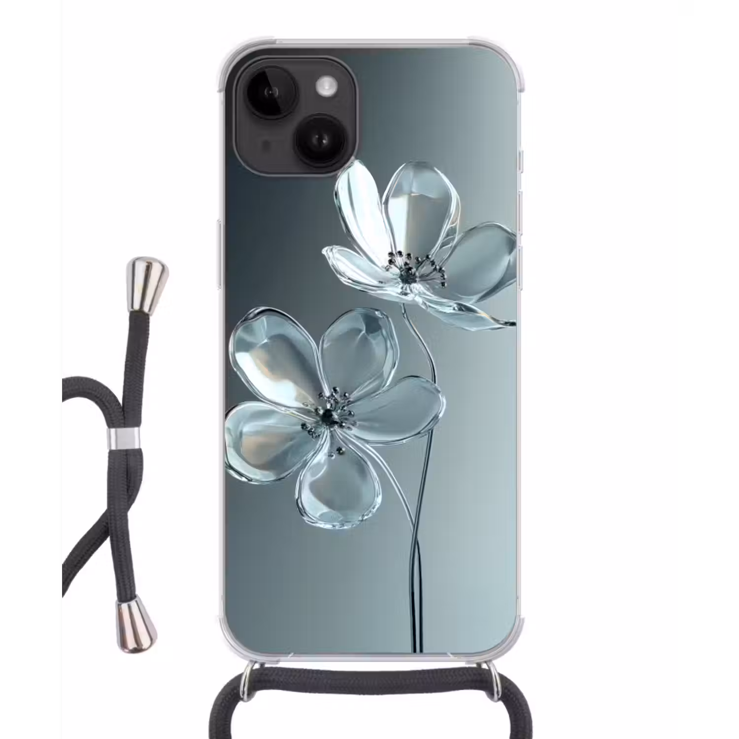Telefoonhoesje crossbody - Kristal - Bloemen - Grijs