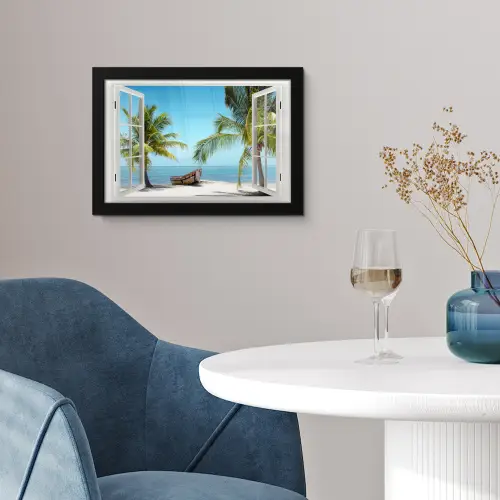 Doorkijk - Strand - Palmboom - Boot - Tropisch - Zee - Blauw fotolijst zwart zonder passe partout klein -sfeer4