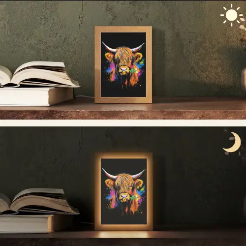 Schotse Hooglander - Graffiti - Kleurrijk - Bloem - Dieren Light Box met kabel (Tafellamp) klein -sfeer3
