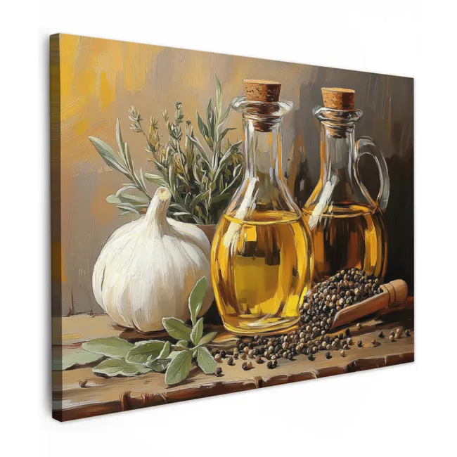 Canvas schilderij - Stilleven - Olijfolie - Knoflook - Kruiden