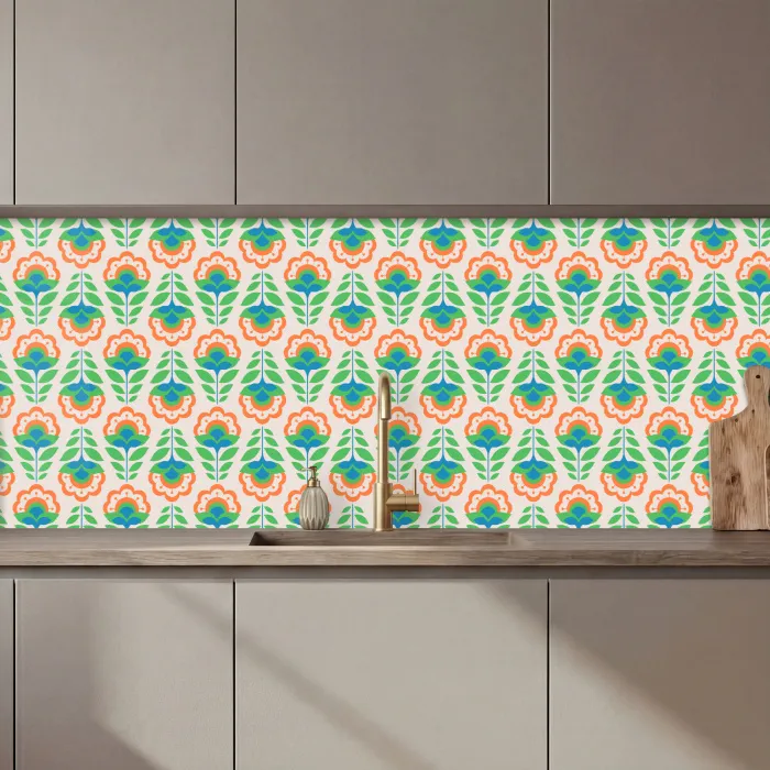 Retro - Bloemen - Design - Groen - Oranje keuken achterwand 2 middel 871 zz_3dshopping