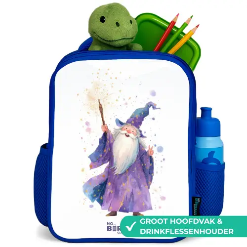 Oude tovenaar met staf Kinderrugzak - Blauw middel -inhoud_NL
