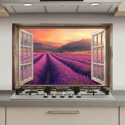 Doorkijk - Lavendel - Landschap - Bloemen - Paars keuken achterwand spatscherm klein -3d_website