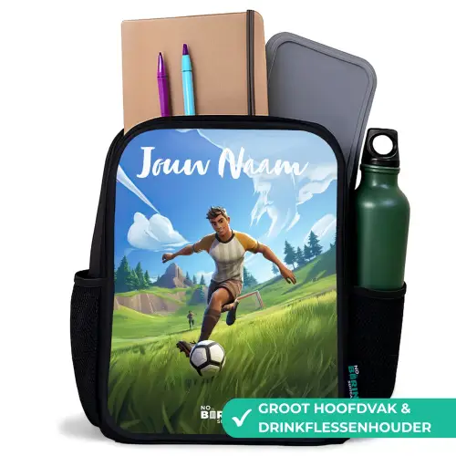 Voetballer - Gras - Goal - Kleurrijk Rugzak - Zwart middel -inhoud_NL