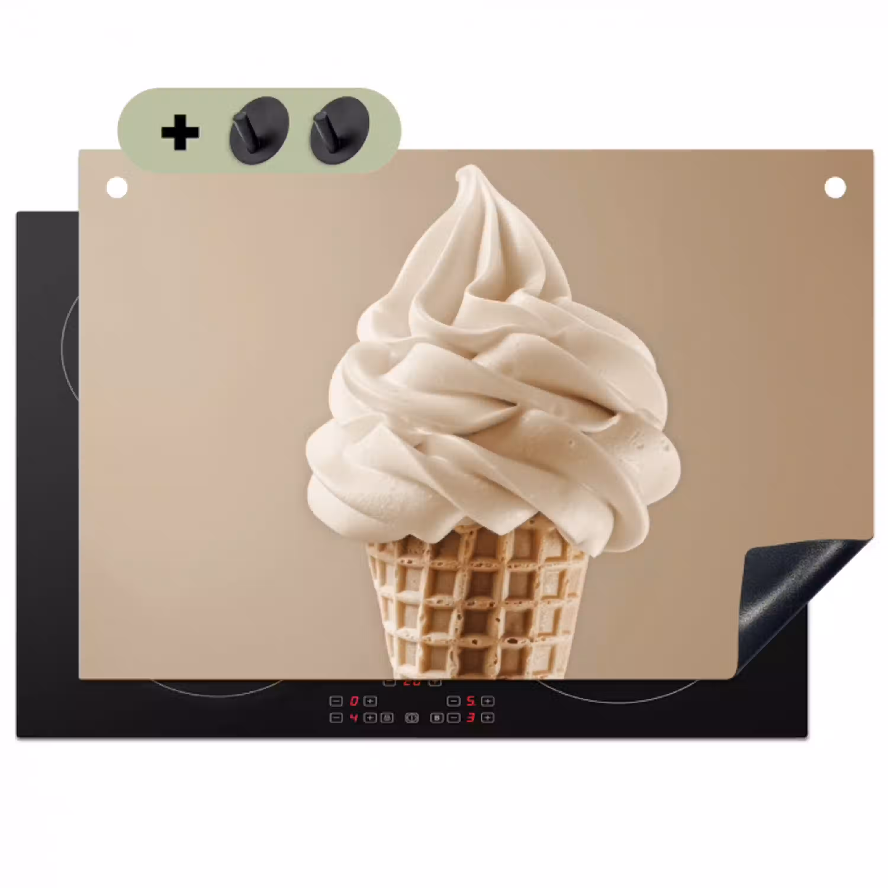 IJs - Softijs - Romig - Hoorntje - Beige Inductie beschemer met haakjes klein -3d