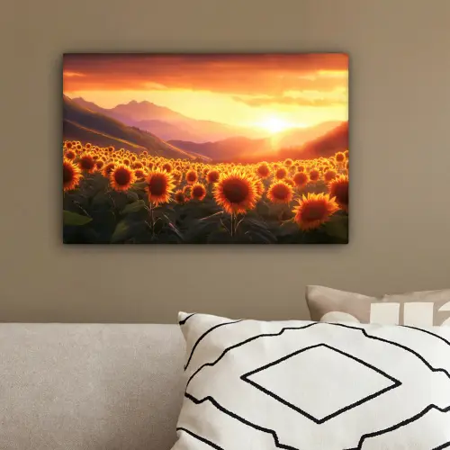 Zonnebloemen - Zonsondergang - Landschap canvas 2cm klein -sfeer3