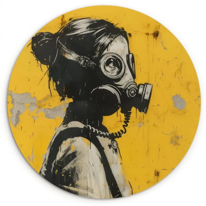 Vintage - Street art - Meisje - Masker - Geel - Banksy Wandcirkel kunststof plaat 5mm dik klein -3d