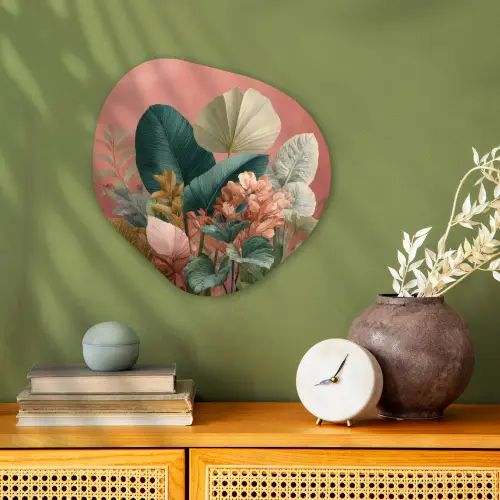 Tropische bladeren - Bloemen - Roze - groen Wandcirkel Organisch Forex 3mm klein -sfeer2