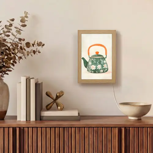 Theepot - Groen - Bloemen - Oranje Light Box met kabel (Tafellamp) klein -sfeer2
