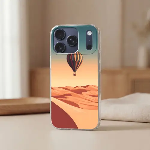 Luchtballon - Woestijn - Zonsondergang - Blauw Telefoonhoesje iPhone 17 Pro klein -sfeer2