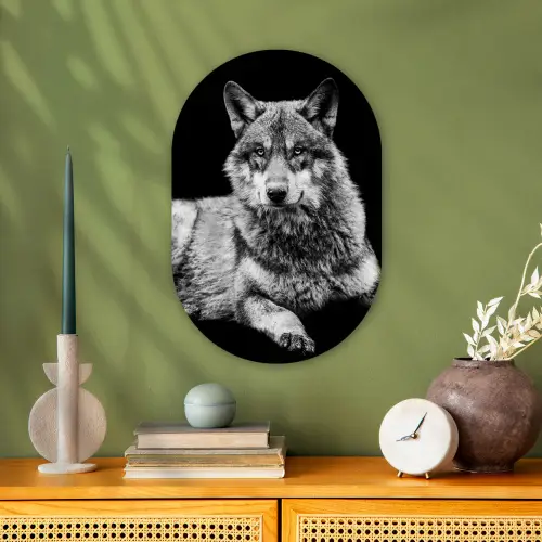 Wilde dieren - Wolf - Zwart - Wit Wandcirkel Ovaal Forex klein -sfeer2