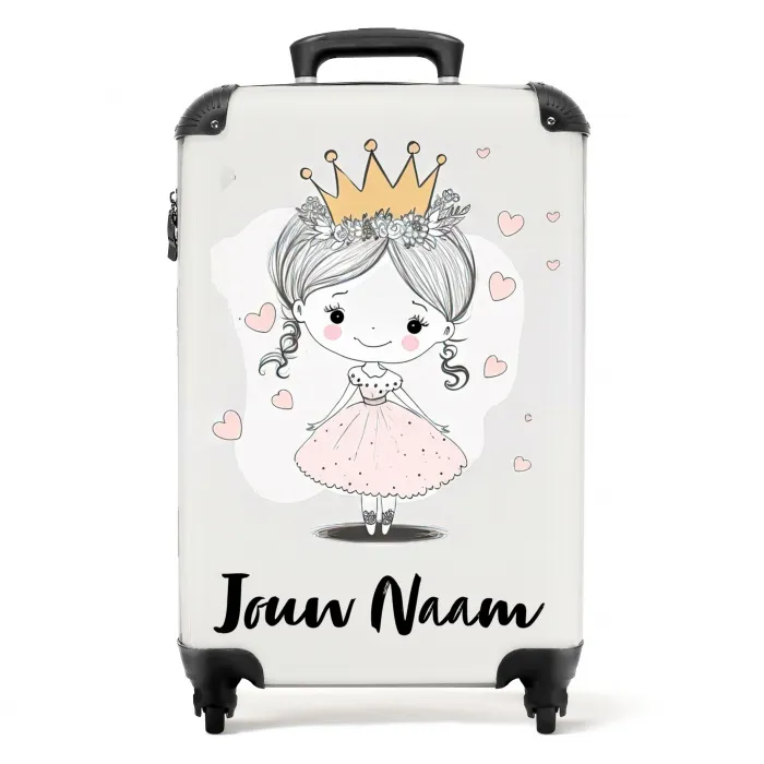 Prinses met kroon en roze hartjes NBS - Handbagage koffer - Kinderen Unisex middel -productfoto_recht