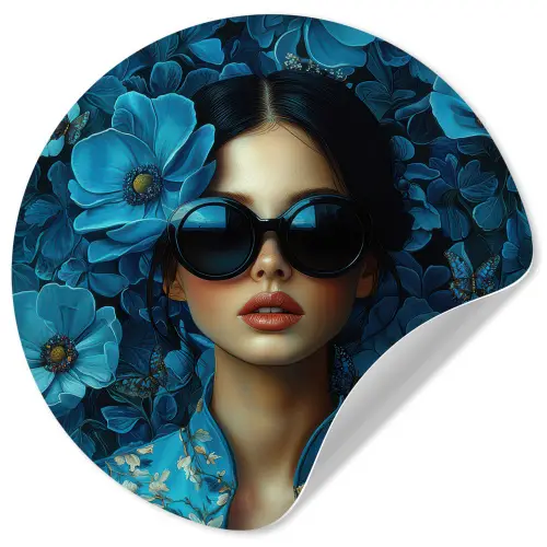 Vrouw - Bloemen - Blauw - Aesthetic - Luxe Wandcirkel behangsticker klein -3d