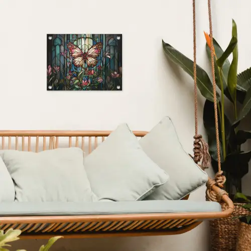 Vlinder - Roze - Bloemen - Bladeren tuinposter los doek klein -sfeer7