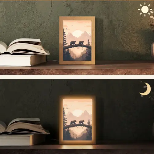 Beren - Bomen - Landschap - Zonsondergang Light Box met kabel (Tafellamp) klein -sfeer3