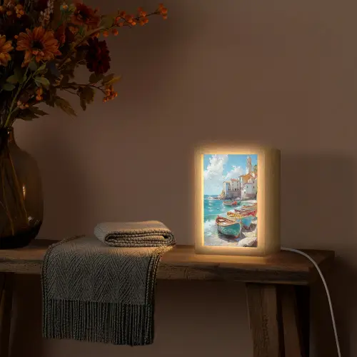 Boten - Rotsen - Zee - Zon Light Box met kabel (Tafellamp) klein -sfeer4