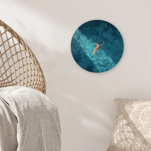 Vrouw - Water - Bikini - Oranje Wandcirkel kunststof plaat 5mm dik klein -sfeer5