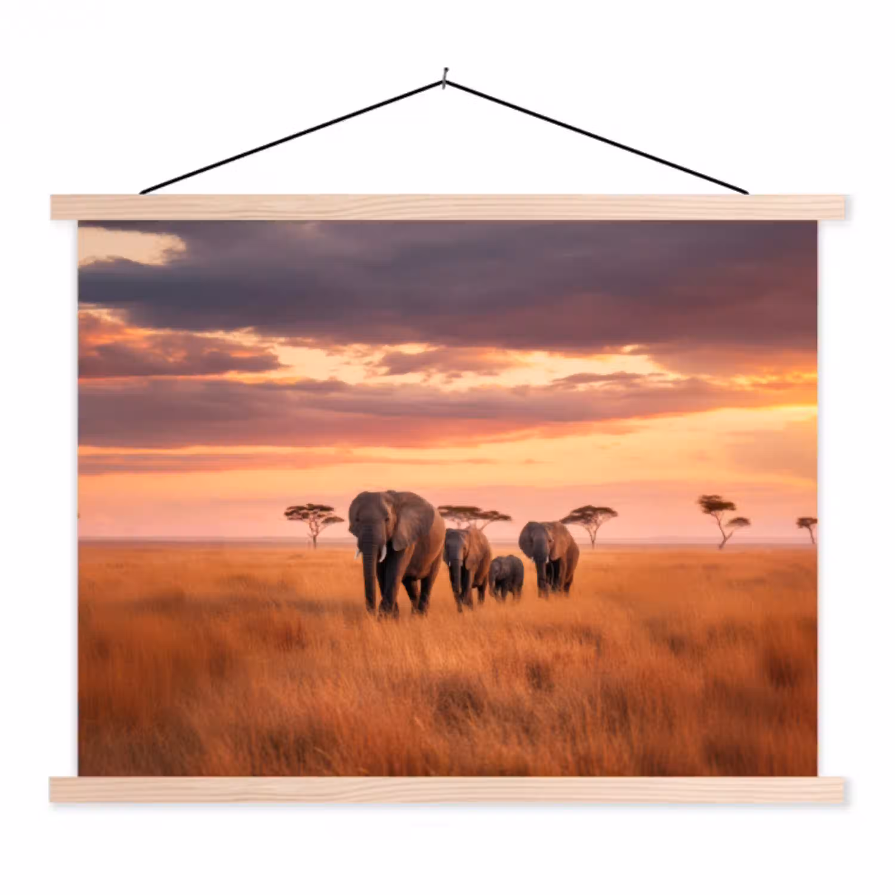Groep olifanten - Open vlakte - Zon textielposter latten blank klein -3d