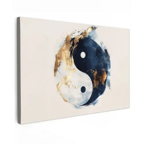 Yin Yang - Abstract - Zwart - Wit - Goud canvas 2cm klein -z3d
