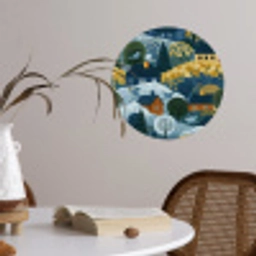 Huisjes - Bloemen - Patroon - Geel - Blauw Wandcirkel behangsticker klein 186 -sfeer3