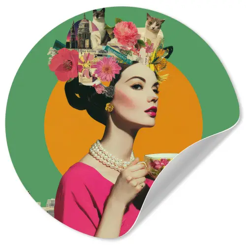 Retro - Vrouw - Stad - Zon Wandcirkel behangsticker klein -3d