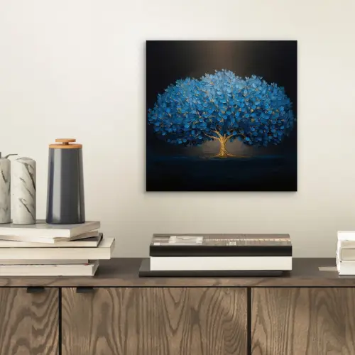 Boom - Blauw - Bladeren - Penseelstreken aluminium wit klein -sfeer1