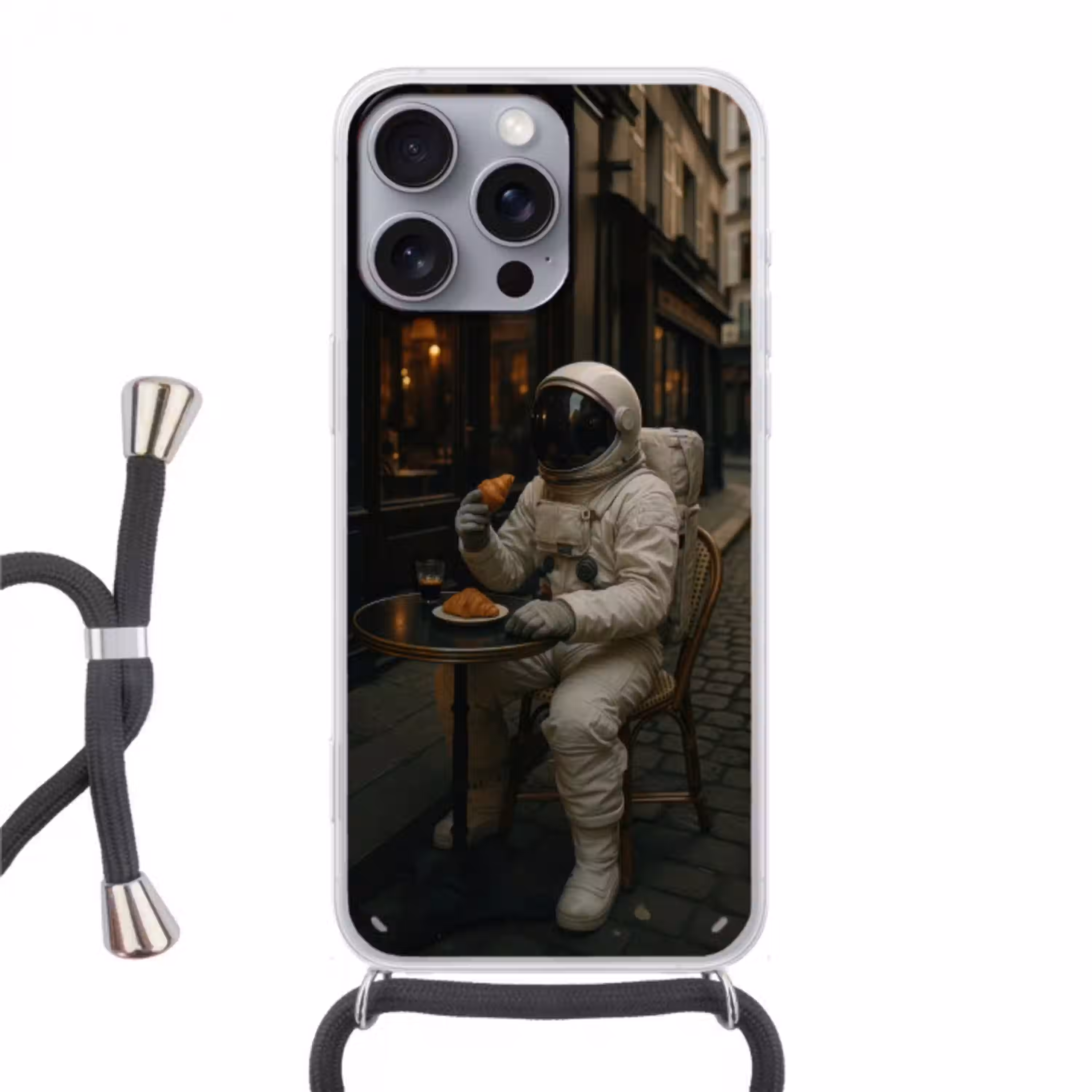 Café - Croissant - Koffie - Astronaut Hoesje iPhone 16 Pro Max met koord klein -3d