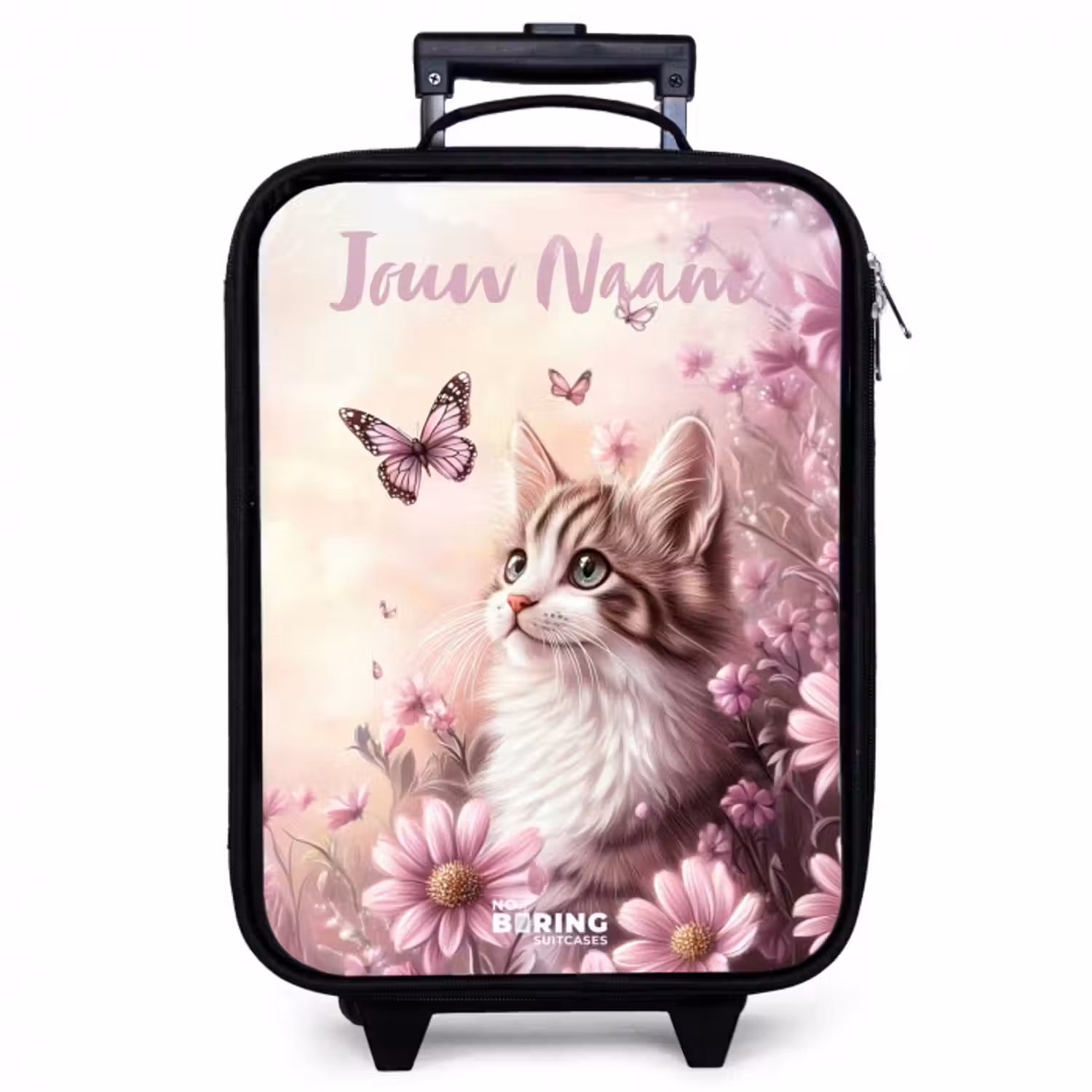 Kinderkoffer met naam - Zwart - Kitten - Vlinders - Paars - Bloemen