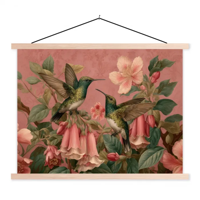 Kolibries - Bloemen - Groen - Roze textielposter latten blank klein -3d