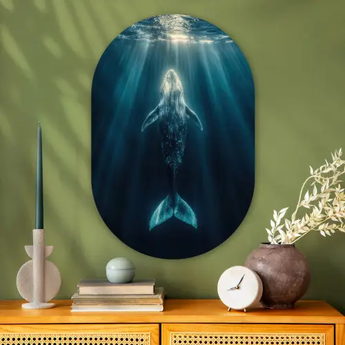 Walvis - Water - Zonnestralen - Blauw Wandcirkel Ovaal Glas middel -sfeer2