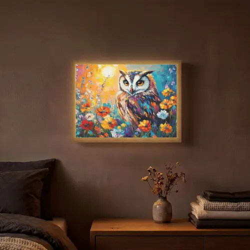 Uil - Bloemen - Kunst - Zonsondergang Light Box met batterij (Wandlamp) middel -sfeer4