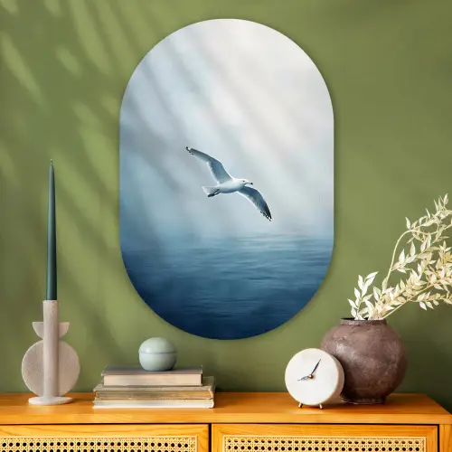 Meeuw - Wit - Zee - Mistig Wandcirkel Ovaal Glas middel -sfeer2
