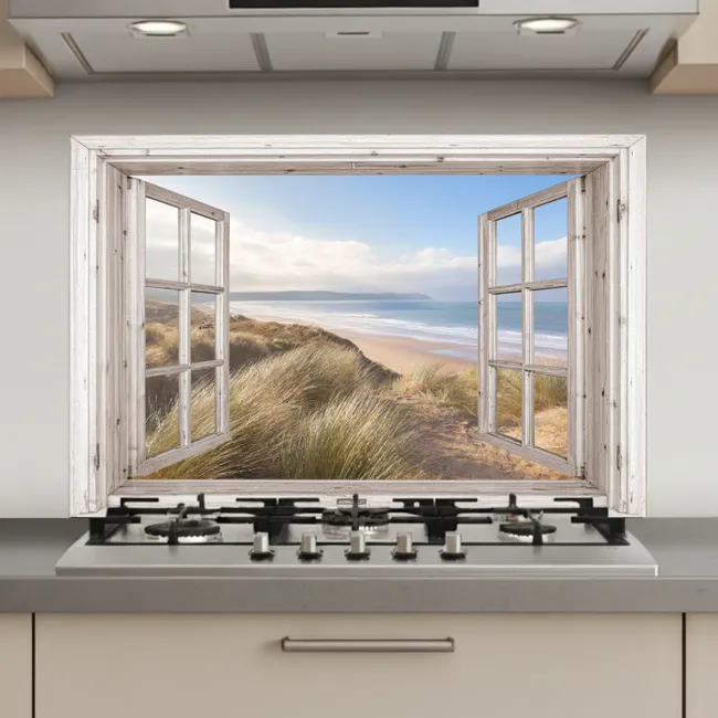 Doorkijk - Strand - Zee - Duinen - Helmgras - Zand - Blauw keuken achterwand spatscherm klein -3d_website