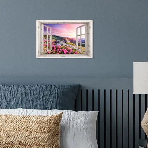 Bergen - Landschap - Doorkijk - Bloemen - Avond - Roze poster papier klein -sfeer2